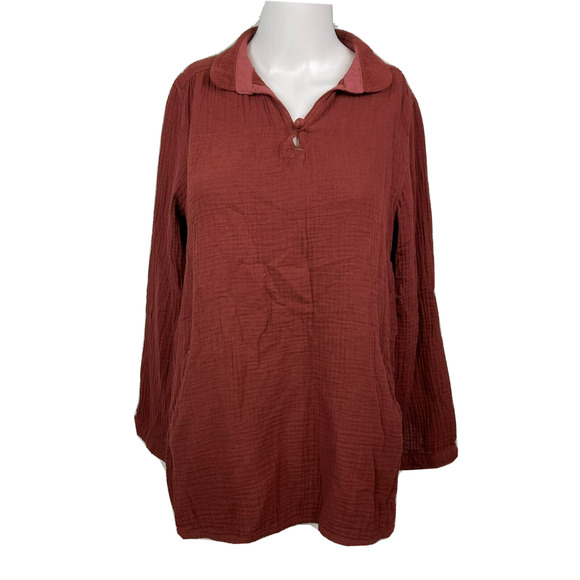 Lixhigi Shirt Womens Sz S M Maroon Brown Cotton Long Sleeve Collared Top - Picture 1 of 9